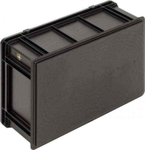 The image shows a black, rectangular plastic box with a flat lid. The top has several longitudinal and transverse stripes. It is sturdy and can be used for storing items.