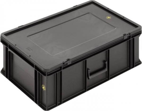 The image shows a black, rectangular plastic box with a flat lid and side handles. It has a sturdy structure and is versatile.