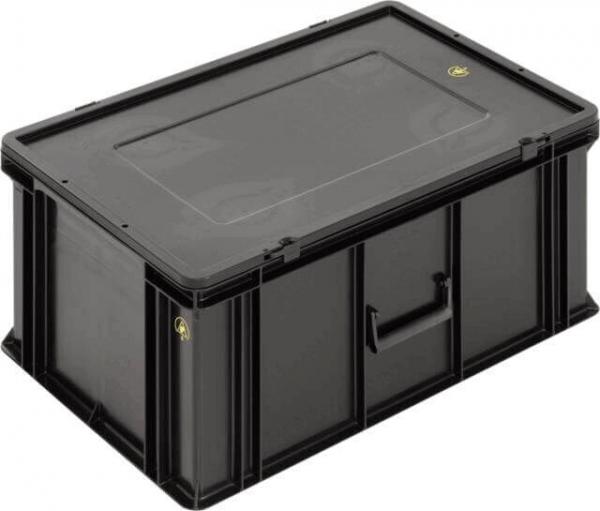 The image shows a black, rectangular plastic box with a flat lid and a handle opening on the front. The box has a sturdy structure and is intended for storage.