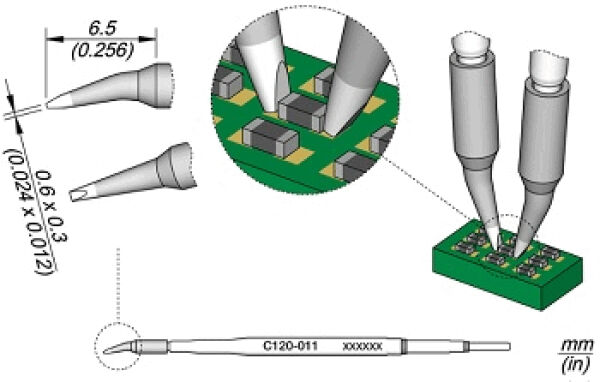 Das Bild zeigt eine technische Zeichnung von Lötspitzen. Zwei spitze Werkzeuge sind über einer Platine mit verschiedenen kleinen Bauteilen abgebildet. Seitenansichten und Maße sind angegeben.