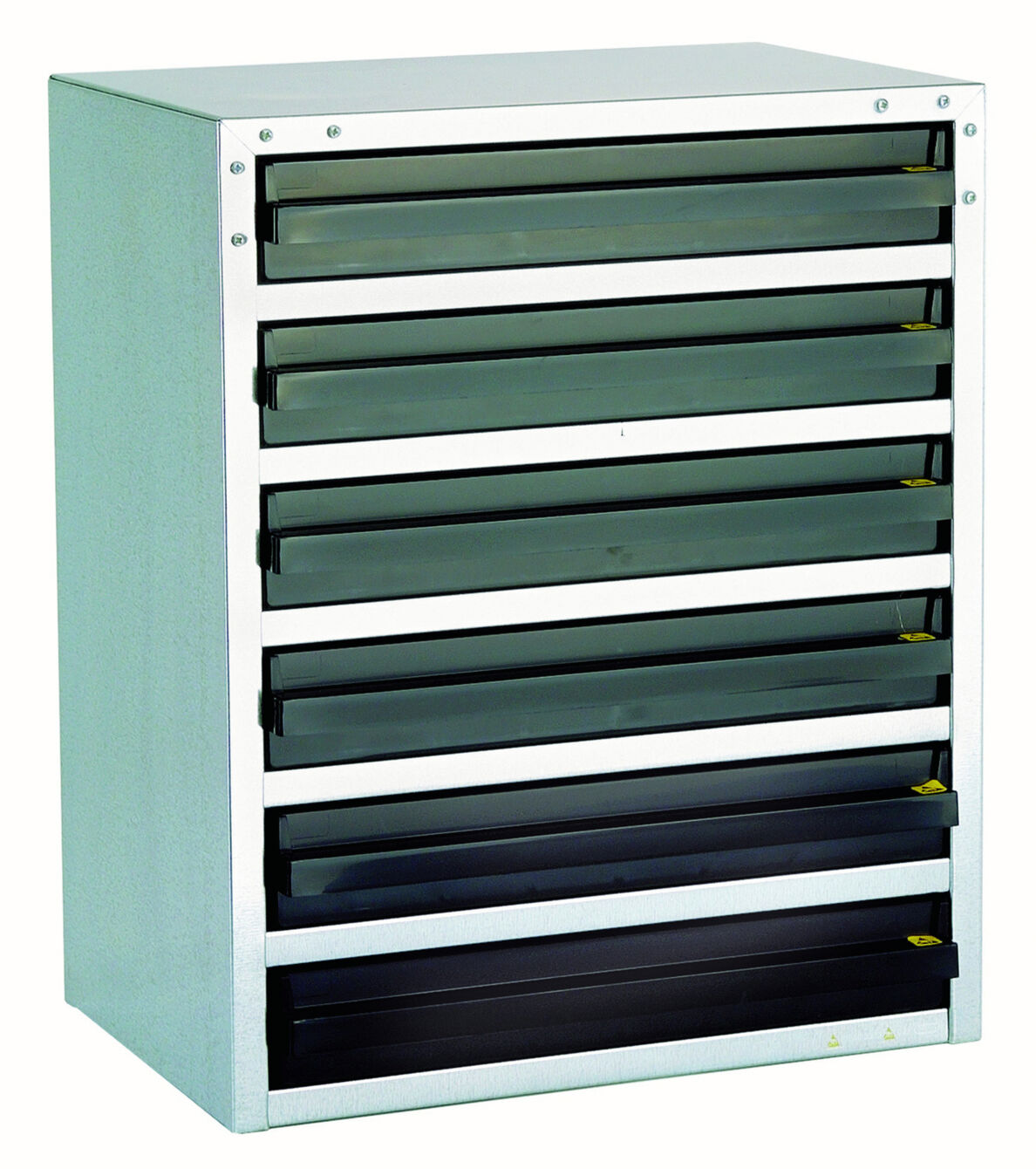 The image shows a rectangular cabinet with nine transparent drawers. The cabinet has a metallic surface and is oriented vertically.