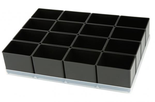 The image displays a rectangular container set with a clear base. At the top, there are 16 small black squares, perfect for storage or organization.