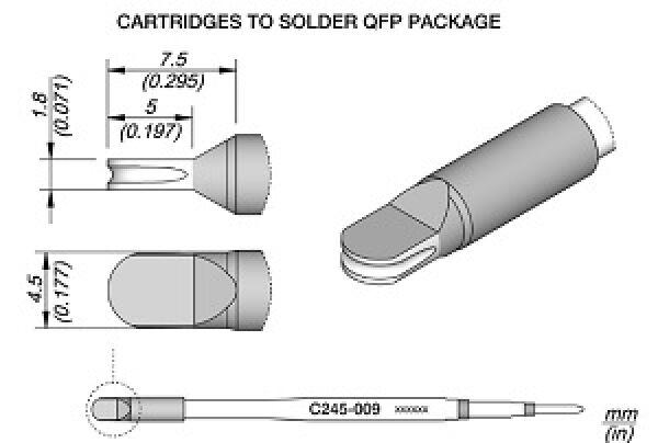 The image displays technical drawings of soldering tips from various perspectives. Dimensions are provided that describe the shape and size of the tips, intended for use with QFP packages.