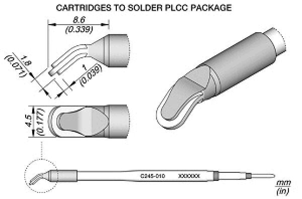 The image displays technical drawings of soldering cartridges for PLCC packages. Various views and dimensions are shown, explaining the shape and size of the component.