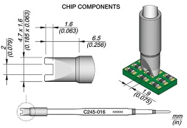 The image displays technical drawings of chip components. There is a side view of a component that is inserted into a circuit board, as well as dimensions in millimeters.