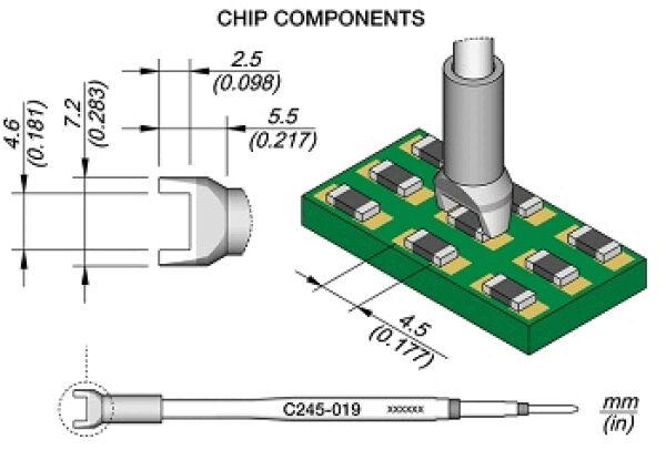 The image shows a technical drawing of components on a circuit board. There are several small components arranged on a green board piece, with dimensions in mm and inches.