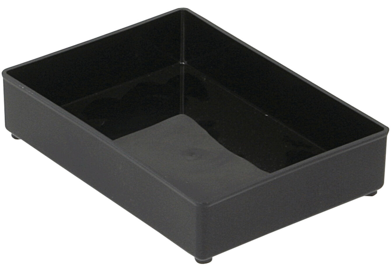 The image shows a rectangular, flat dish made of black plastic. It has straight walls, a smooth bottom, and no patterns or decorations. Ideal for organizing.