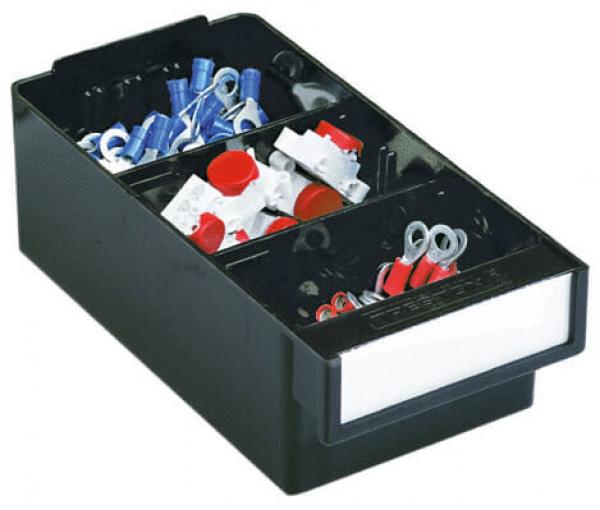 The image shows a black storage box with several compartments. The compartments contain colorful paper clips, including red, white, and blue. The box is neatly organized.