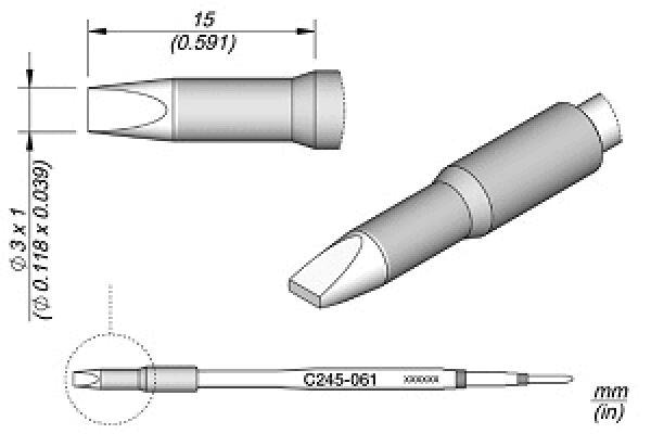 The image shows a technical drawing of a tool with an elongated body and a pointed, angled edge. Dimensions are provided, including lengths and diameters in millimeters.