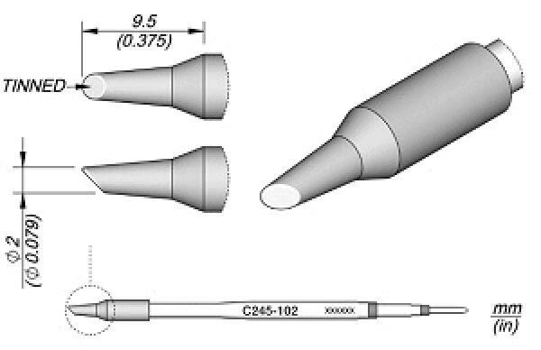 The image displays technical drawings of a special pen with various tip shapes. The dimensions are provided in millimeters, highlighted by dimension lines.