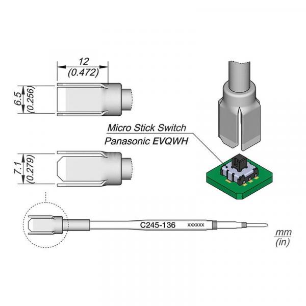 The image shows a technical drawing of a micro tactile switch from Panasonic. It includes different views of the switch and dimensions in millimeters.