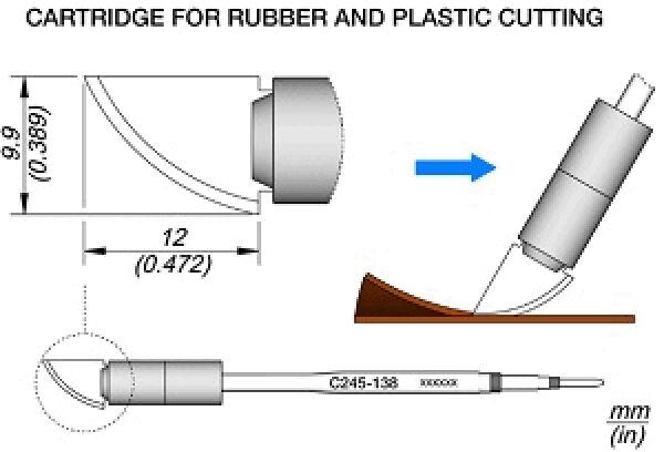 Das Bild zeigt eine technische Zeichnung einer Schneidkartusche für Gummi und Kunststoff. Es gibt Maßangaben und eine schematische Darstellung, die die Form und den Einsatz der Kartusche verdeutlicht.