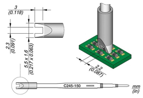 The image displays a technical drawing of a connector. At the top is the plug with dimensions, followed by a circuit board with components below. Measurements are provided in both mm and inches.