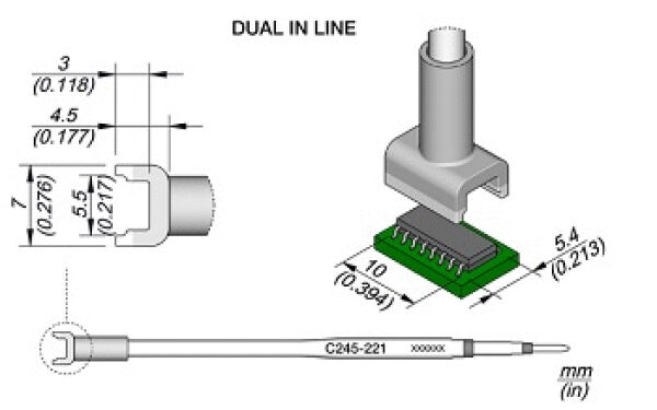 The image displays technical drawings of a DUAL IN LINE connector. Dimensions in mm are provided, showing the sizes of both the connector and the circuit board. The connector has a cylindrical shape and is attached to a circuit board.