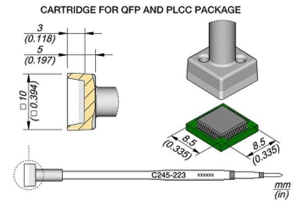 The image displays technical drawings of a cartridge for QFP and PLCC cases. Dimensions are provided in millimeters, as well as the shape of the cartridge and a green chip.