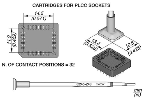 The image displays technical drawings of PLCC cartridges. At the top are two views of a square connector with 32 contact positions. Below there is a description with dimensions in mm and inches.