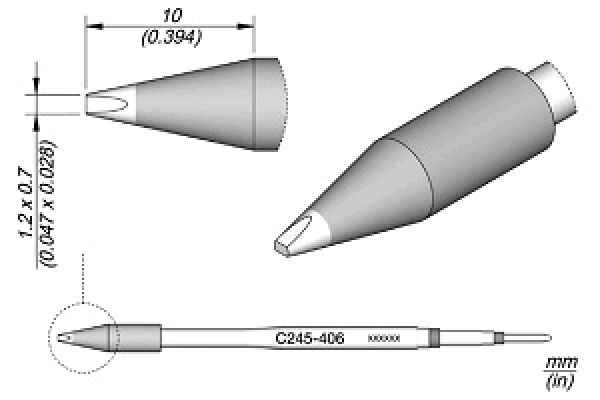 The image shows a pencil. It has a conical tip, a round shaft, and measures 12 x 0.7 mm. Side view and top view are also shown.