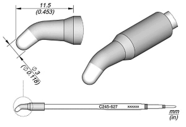 The image displays technical drawings of a curved instrument with a thin, pointed tip. There are measurements in millimeters that describe the size and shape of the object.