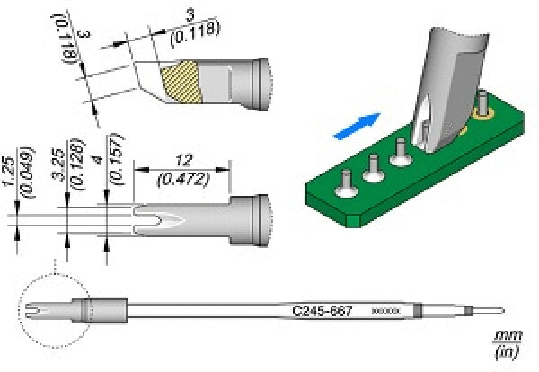 The image displays technical drawings of a component with various views and dimensions. There are a top view, side views, and closer detailed views.