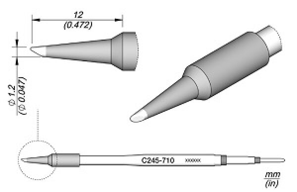 The image shows a technical drawing of a pointed object, possibly a tool. There is a side view, a top view, and a connection that includes dimensions.