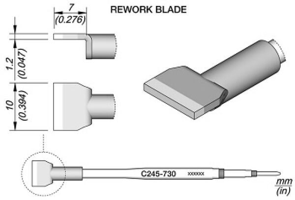 The image shows a technical drawing of a rework knife. It is a detailed representation with dimensions in mm and a marking on the handle. The blade head is flat and has a special shape.