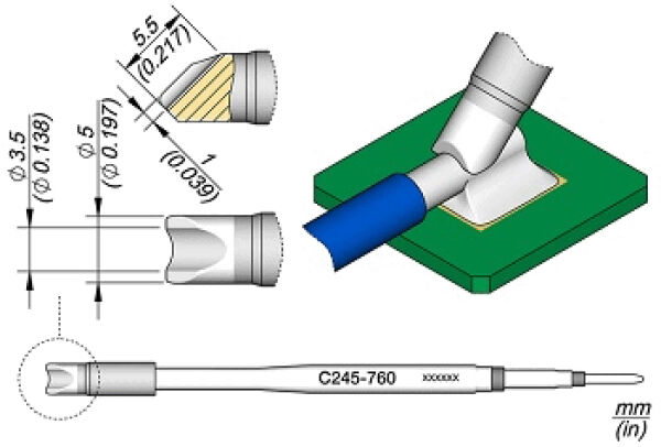 The image displays technical diagrams of a component with multiple views. Various dimensions are provided, and a part is highlighted in blue. It is a precise technical drawing.