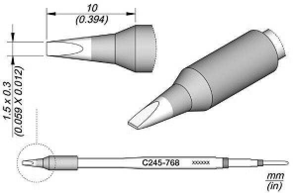 The image displays technical drawings of a pointed object, likely a pen or tool, with specifications for length and diameter. Three views are depicted.