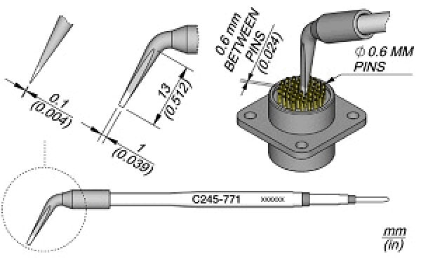 The image displays technical drawings of connection plugs and pins. Dimensions are provided that clarify the distances and diameters of the pins. A part is enlarged.