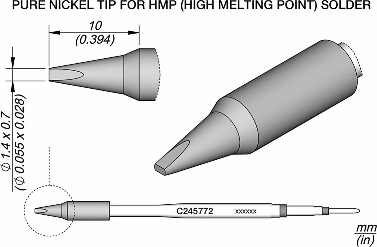 The image displays technical drawings of a pure nickel soldering tip attachment. The tip has a conical shape, with precise dimensions and a part number on the shaft.