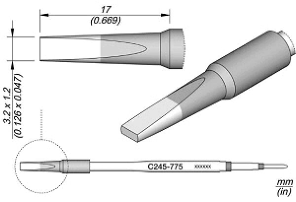 The image displays technical drawings of a tool attachment. It features a conical shape with dimensions and labeling. There is a top view and a side view.