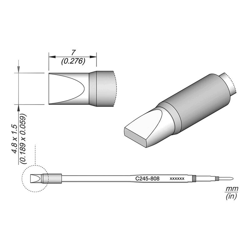 The image shows a technical drawing of a tool. It has a conical head with a wide tip and an elongated handle. Dimensions and designation are provided.