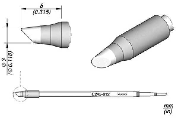 The image shows a technical drawing draft of an object with a sharp, conical shape. Dimensions are provided in millimeters. The body is cylindrical and has a smooth surface.