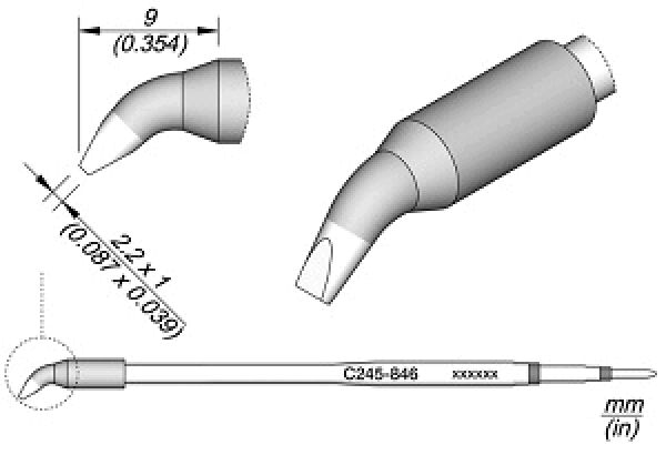 Das Bild zeigt eine technische Zeichnung eines Werkzeugaufsatzes mit gebogenem Ende. Es sind Maße und Details des Designs dargestellt, einschließlich einer Skizze des Hauptteils und des Spitzenbereichs.