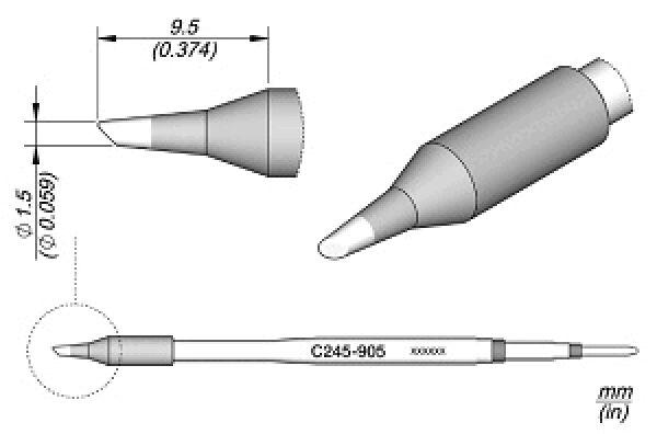 Das Bild zeigt eine technische Zeichnung eines Werkzeuges mit einer spitzen, konischen Spitze. Es sind Maße und Details auf der Zeichnung angegeben, die die Form und Größe des Werkzeugs erläutern.