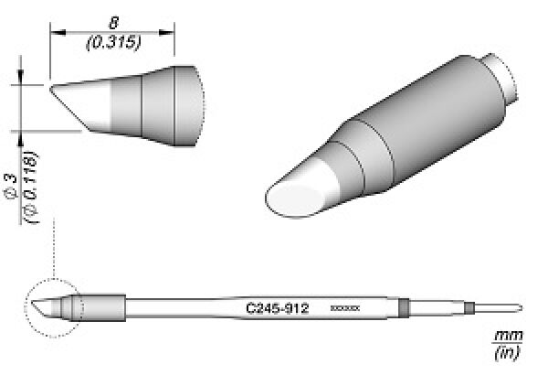 The image displays a graphic design of a pen with a round tip. Three views are presented: front view, side view, and top view. Dimensions are provided.