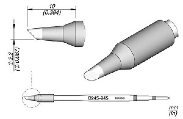 The image shows a technical drawing of a pen. It features a sharp, conical tip and an elongated body. Dimensions and labels are included.