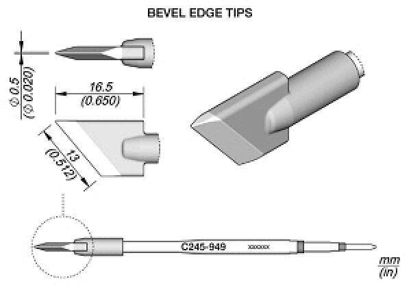 Das Bild zeigt verschiedene Ansichten eines schrägen Spitzenwerkzeugs. Es enthält Maße für Durchmesser und Länge, sowie eine Detailansicht der Spitze. Die Formen sind technisch und präzise.