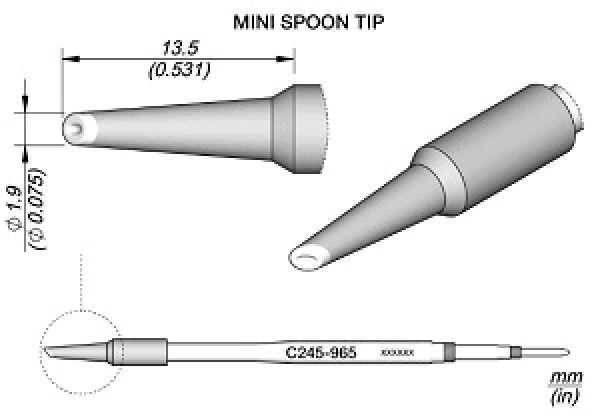 The image shows a technical drawing of a "Mini Spoon Tip". The illustration includes dimensions and the shape of a pointed, oval attachment. It is intended for precision work.