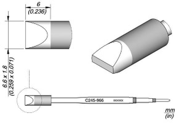 The image shows a technical drawing of an object with a rounded end, an elongated shape in the middle, and various views including dimensions in millimeters.