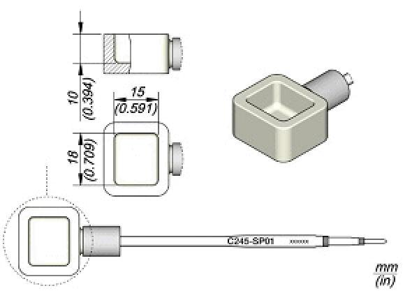 The image shows a technical drawing of a square sensor with a tube adjoining a square base. It includes measurements in millimeters.