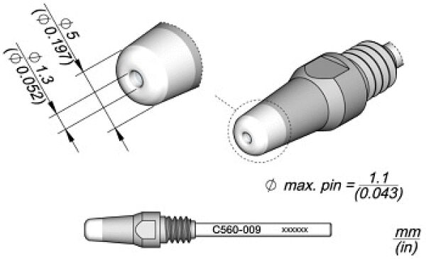 The image displays technical drawings of a component from multiple perspectives. At the top, there are two views depicted, with a side view on the right and a top view on the left. Below, there is an additional view with dimensions.