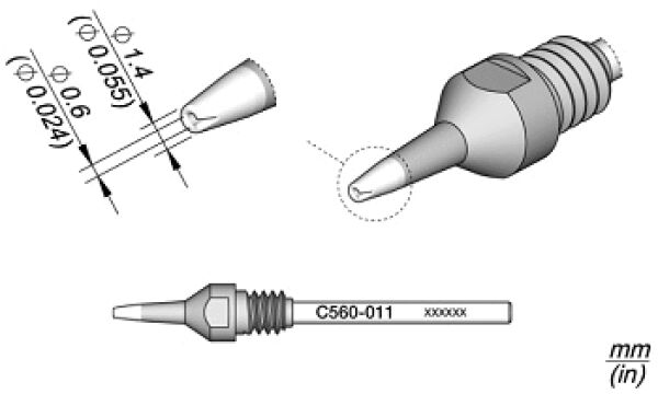 The image displays a technical drawing of a spray nozzle attachment with various views. The nozzle opening has precise dimensions, specified in millimeters and inches.