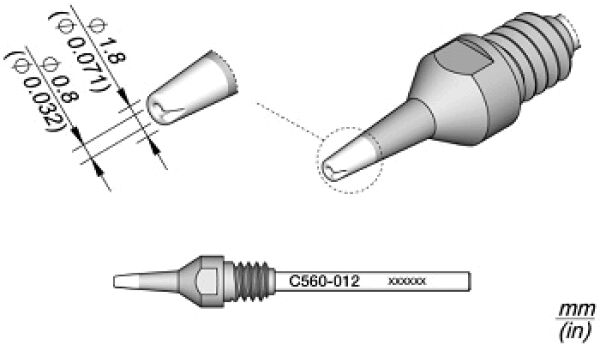 Das Bild zeigt verschiedene Ansichten einer feinen, metallischen Spitze mit unterschiedlichen Durchmessern. Die Maße sind in Millimetern und Zoll angegeben, mit detailreicher Zeichnung.