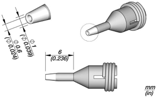 The image displays a technical design of a cylindrical connector. Dimensions are provided, including a diameter of 6 mm and various views of the component.