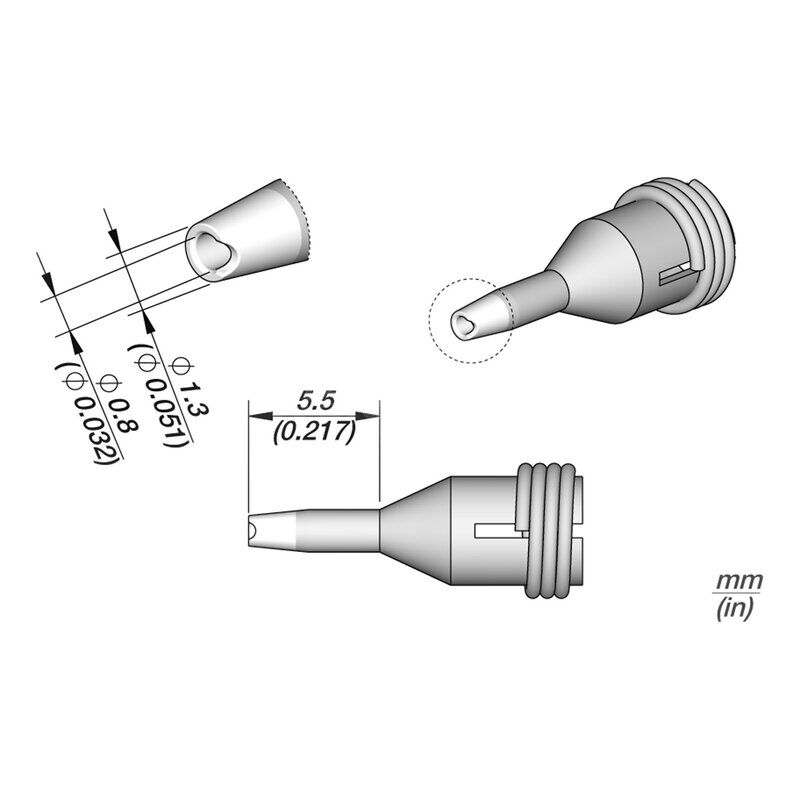 The image displays technical drawings of a small, conical attachment with various views and dimensions in millimeters. The attachment has a straight tip and a ridged handle.