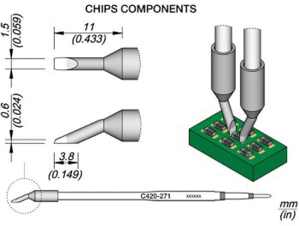 Das Bild zeigt technische Zeichnungen von Chip-Komponenten. Es gibt eine grüne Platte mit mehreren Bauteilen und unterschiedliche Drahtenden in verschiedenen Formen und Größen. Maße sind angegeben.