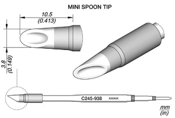 Das Bild zeigt eine technische Zeichnung eines kleinen Löffeltips. Er hat eine ovale Öffnung und misst etwa 10,5 mm in der Breite und 3,8 mm in der Höhe.