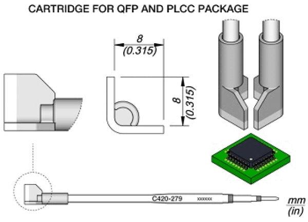 Das Bild zeigt eine technische Zeichnung einer Cartridge für QFP- und PLCC-Gehäuse. Es sind verschiedene Ansichten und Maße enthalten, darunter eine Draufsicht und eine Seitenansicht.