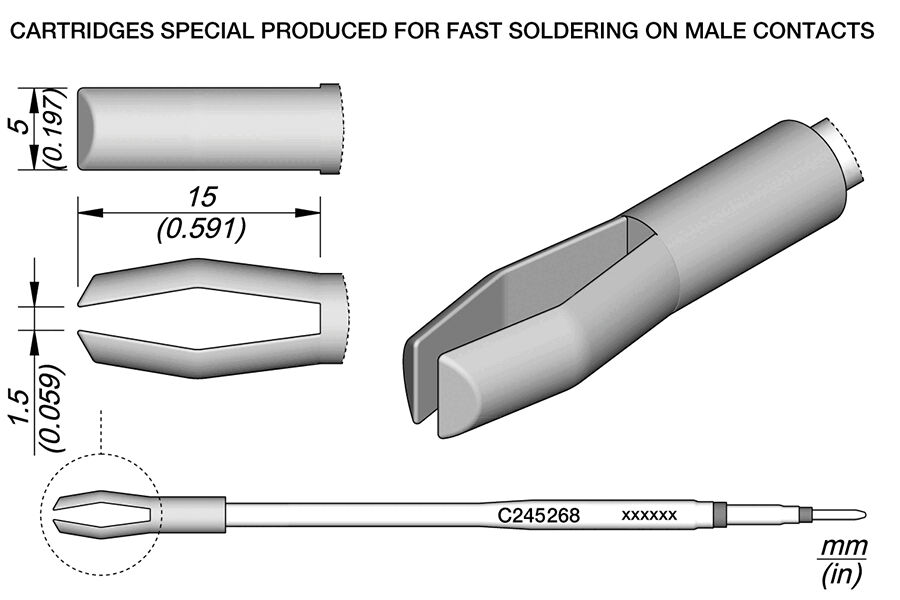 The image displays technical drawings of a special soldering tip. It has a pointed, narrow shape and is used for quick soldering. Dimensions are provided in millimeters.