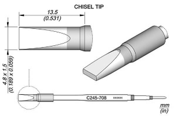 The image displays a technical drawing of a chisel attachment. It has a conical shape with a flat tip. Dimensions are provided: length 13.5 mm and width 4.8 mm.